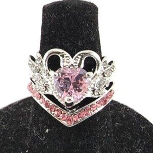 New Silver Tone Swan Pink Heart Stone Double Puzzle Ring Pink Rhinestones Size 5
